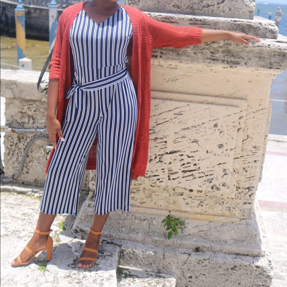 Navy Blue and White Striped Romper